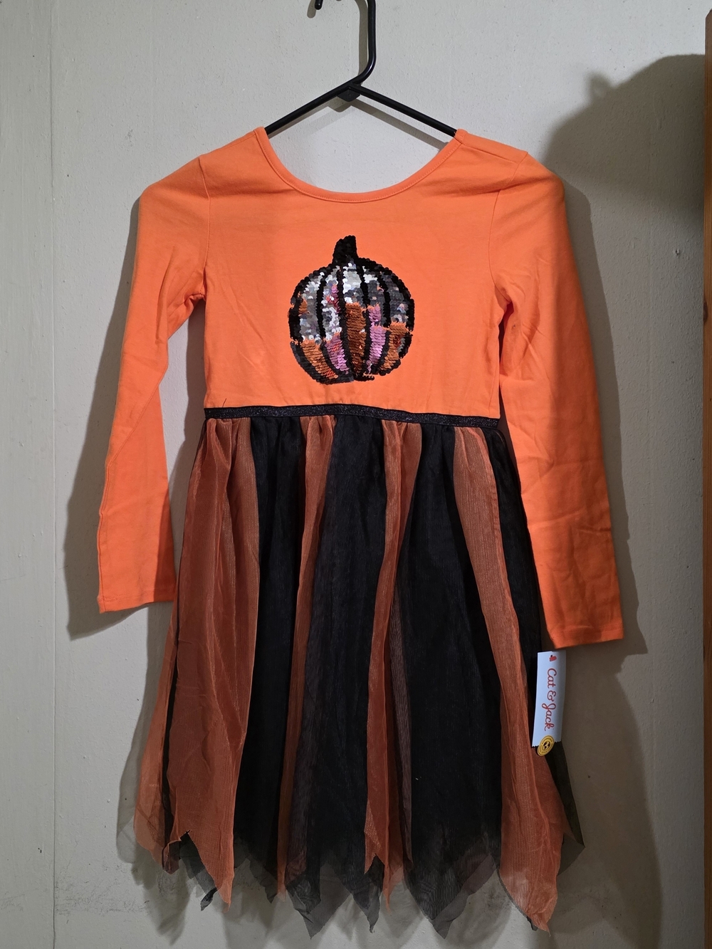 NWT Cat & Jack Halloween Orange Black Sequin Pumkim Dress 7-8
